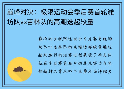巅峰对决：极限运动会季后赛首轮潍坊队vs吉林队的高潮迭起较量